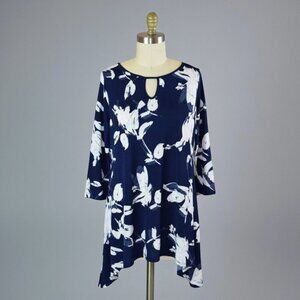 CLARA SUN WOO ABSTRACT FLORAL NAVY BLUE SHARKBITE HEM TUNIC